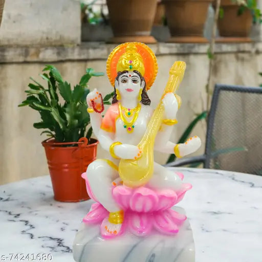 Om Sai Gifts Kamal Saraswati Maa Idol in Marble Material | 7.5 inches | Multicolored | Ideal for Home Temple puja | Festival pujan | Home Decor | showpiece | Gift Item