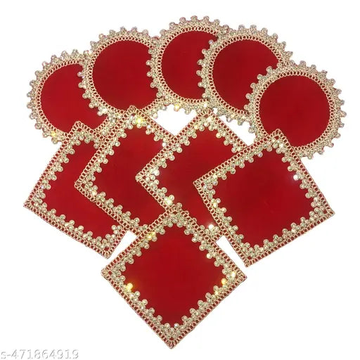 Premium Puja Aasan for Ganapati and Krishna, Red Velvet Puja Aasan with Crystal Border, 10 x 10 cm, Set of 10 Pieces for Temple Decoration,Velvet Puja or bhagwan Aasan for Home mandir for Idols