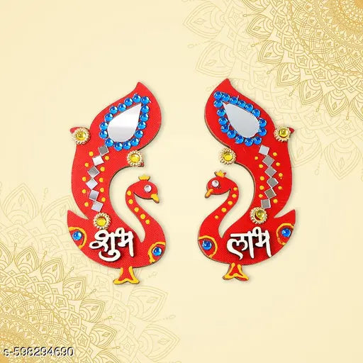 Decorative Wooden Shubh Labh Wall Hanging | Traditional Peacock Design with Mirror & Stone Work for Home Entrance, Festive Diwali Decor & Gifting (Set of 2)