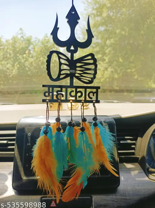 Handmade Mahakal Car Hanging – Black Acrylic Dream Catcher with Orange and Green Feathers | Good Luck Charm for Positive Vibes | Spiritual Mirror Hanging for Car, Room, Balcony & Gift Decor | 1 Pc
