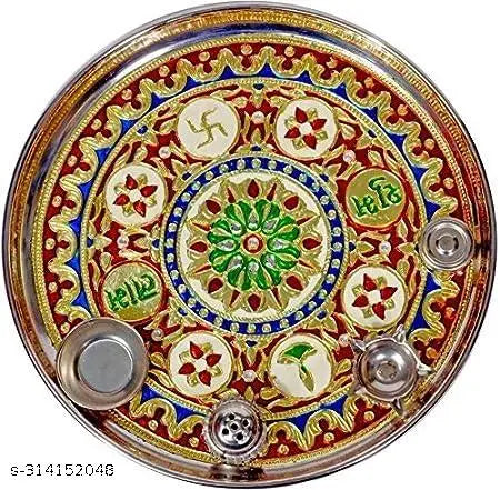 Decorative Pooja thali/Ornate Embellished Pooja Plate/Traditional aarti thali/Decorated Pooja Tray/Indian Pooja thali with diyas/Puja thali Set with Incense Holder (10 inch)