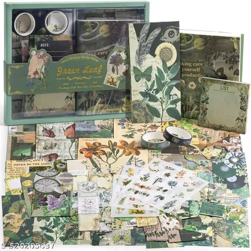 346pcs | Vintage Aesthetic Scrapbook Kit | Supplies Kit with A6 Grid Notebook, Washi Tape, Stickers, Scrapbook Paper, Envelopes, Journaling Cards, and Decorative Stamps (Nature Theme)