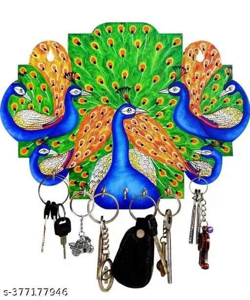 Visu crafts peacock design wooden key holder for home and office decor