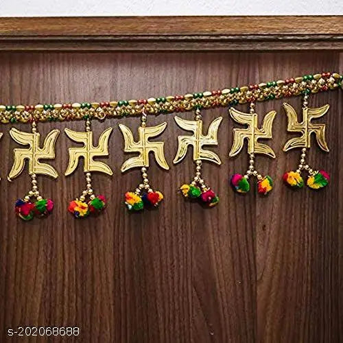 Neel Shobha Enterprises Handcrafted (Combo of 2) Golden Swastika Toran & Pair of Elephant Latkan with Colourful Pumpum,Best Trending Ethnic Design Toran for Your Main Door & Bandhanwal for Home Decor (Toran -3 Feet)(Combo of 2) (Latkan H=26 & L=1 Inch) (1