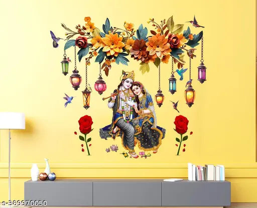 DivineDesigns Radha Krishna Flowers & Jhoomar Wall Sticker