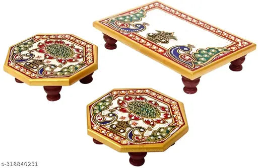 Peacock Art Design Marble Pooja Chowki for God | Handcrafted Marble Chowki for Puja Home Mandir, Idols Sitting, Pratima Murti (Pack of 3, Size: 4" x 6" Inch)