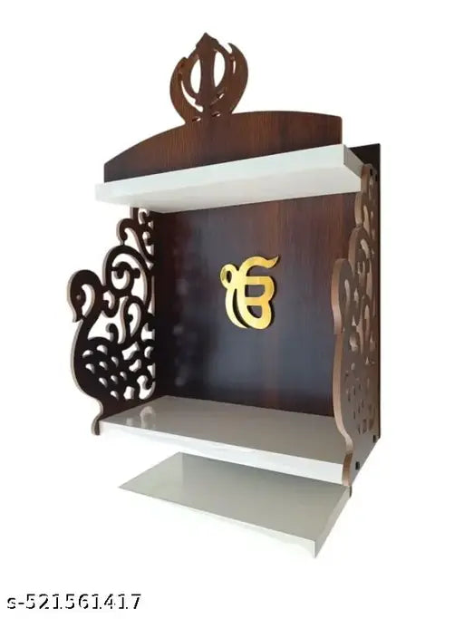 Peacock Khanda With Golden Ek Omkar Wooden Wall Mount Temple, Beautiful Sikh Temple