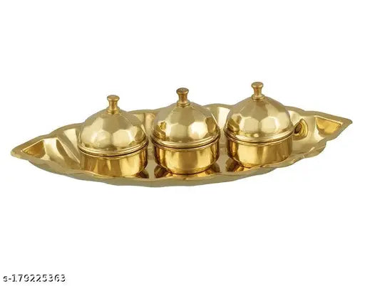 LNIM Brass Haldi Kumkum dabbi with lid and Attached with Thali Brass Kankavati for puja,