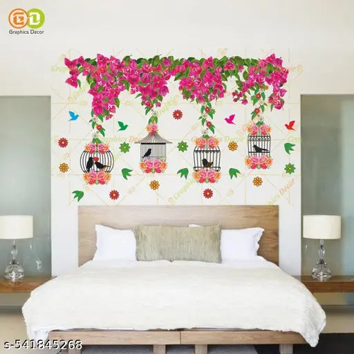 Graphics Decor | Tree Below Hanging Cages with Flower & Birds Pink Wall Sticker (86 x 54 cm)