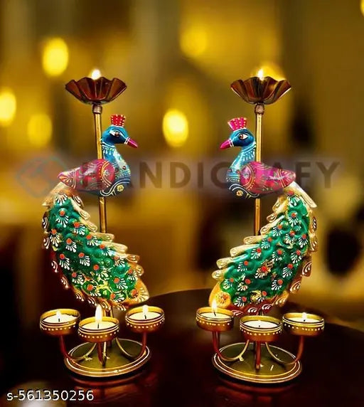 Handcrafted Metal Peacock Candle Holder Set – Home Temple Decor