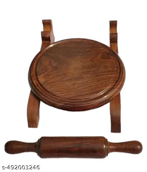 HomEnrich Brown Wooden Chakla Belan with Stand Lightweight and Traditional Kitchen Chakla Belan