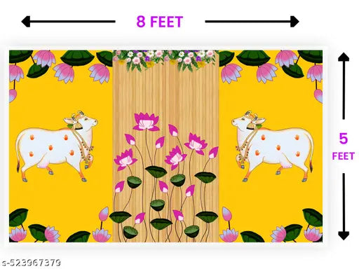 Backdropon Two Cows with Lotus's Flower Design Backdrop Cloth for Pooja Decoration Traditional Background Curtain Cloth for Festival  | PANTHI COLLECTION | (8x5 feet)(96 inch x 60 inch)