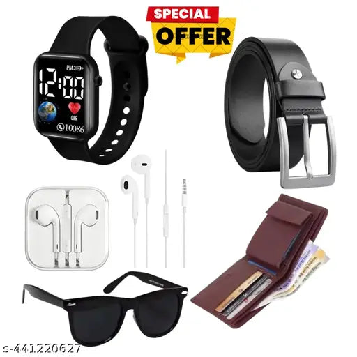 buy MENS TRENDY PREMIUM black  Belt and get one Digital watch , brown color wallet  , wired  handfree and sunglasses free dhamaka offer
