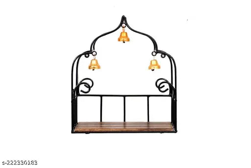 Wall Mounted Shelf Hanging Puja Temple Shelf with Bell Stylish Iron & Wood God Stand for Pooja Room Mandir Stand Temple | Home Temple Shelf for Mandir  Home Temple