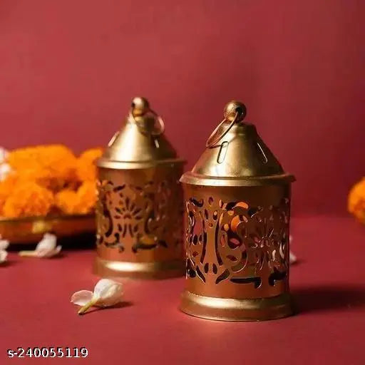 PALMY Home Metal Lantern and Hanging Tealight Holder for Home Decor Items Outdoor for home decor Outdoor for home decor( set of 2 Gold Finish )