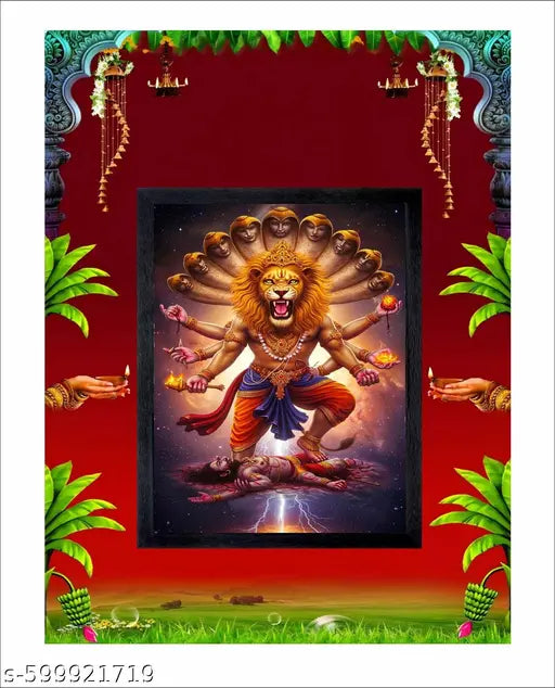 Lord Narasimha Wall Hanging | Lord Narasimha Hiranyakashipu photo Framed Painting | Wooden Home Decor  Frame (Black, 10 x 14 Inch, Small Size)