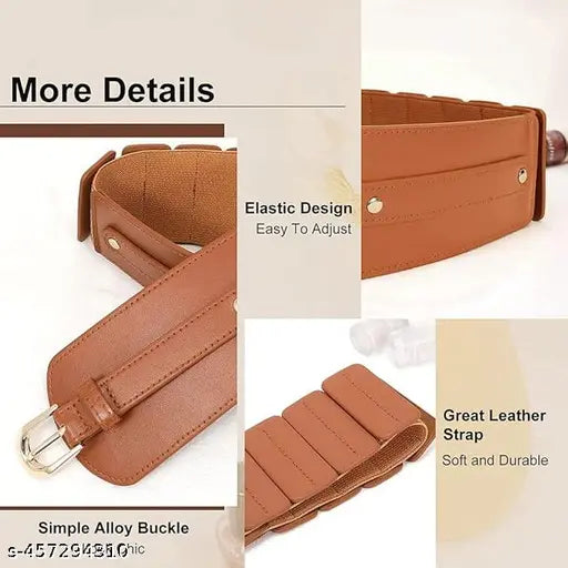 Women's Fashion PU Width Belt, Ladies Metal Buckle Design Belt Interlocking Buckle Vintage Blouse Blazer Dress Belt Stretch Cinch Belt for Women (Brown,26-31 inches)