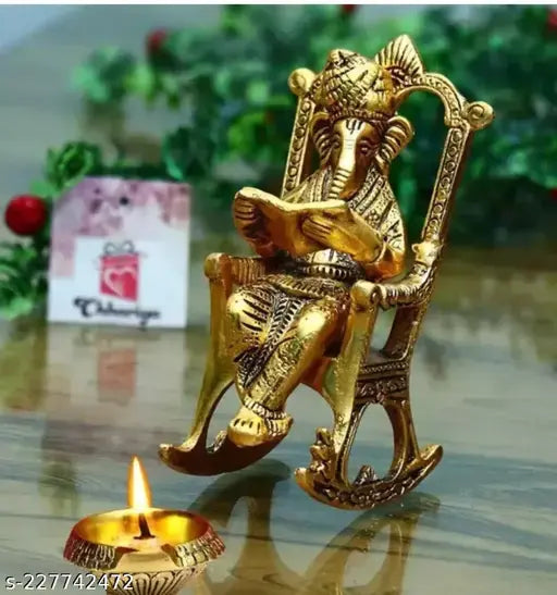 Om Shubh  Figurine of Lord Ganesha Statue Sitting on A Chair and Reading Ramayan, METAL Ganesha Ganpati Statue  Gifts Decor Corporate Gifts Decorative Showpiece