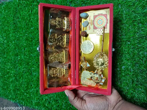 Hindu Spiritual Diwali Puja Kit with Gold Plated Lakshmi Ganesh Idols, Sacred Symbols in Red Decorative Box, Traditional Prayer Set