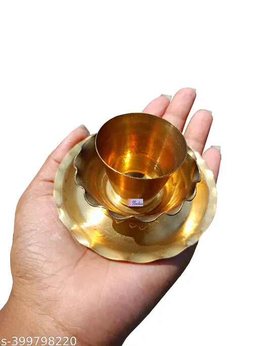 Pack of 9 light weight Brass Pooja Thalis & plates Set for worship, Plate, Glass and Bowl set