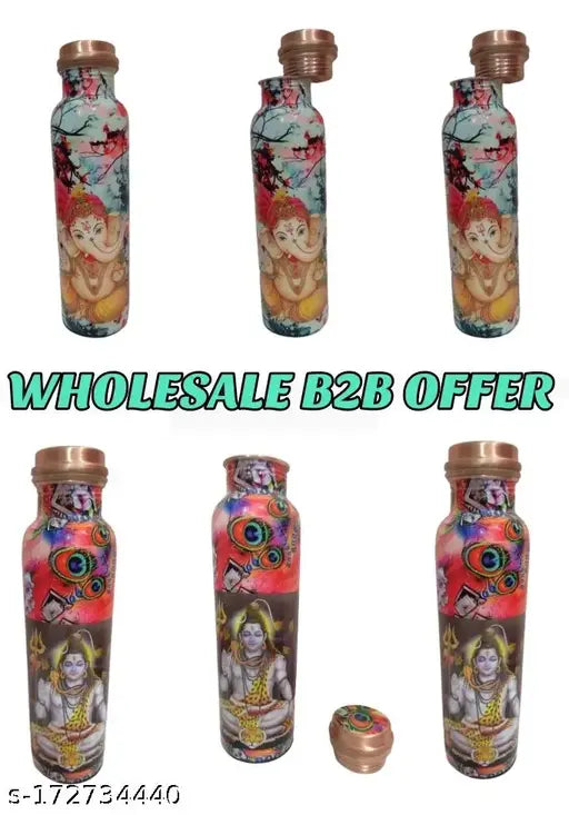 Wholesale b2b offer set of 6 shivji ganeshji digital printed pure copper bottles. AYURVEDACOPPER Pure Copper Bottle for Water 1 Litre Dirt Proof Leak Proof and Joint Less Ayurveda and Yoga Health Benefits Water Bottle