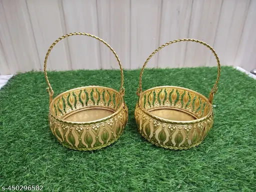 Decorative Golden Basket (Set of 2) with Intricate Floral Design, Golden Metal Basket with handle  metal flower basket (6 X4 inches Golden)