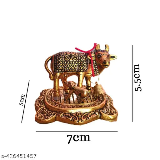 Beautiful Metal Kamdhenu Cow Murti And Calf Idol With Golden Polish Kamdhenu Gay murti And Attractive Cow Statue For Home Decor Showpiece 5.5 Cm