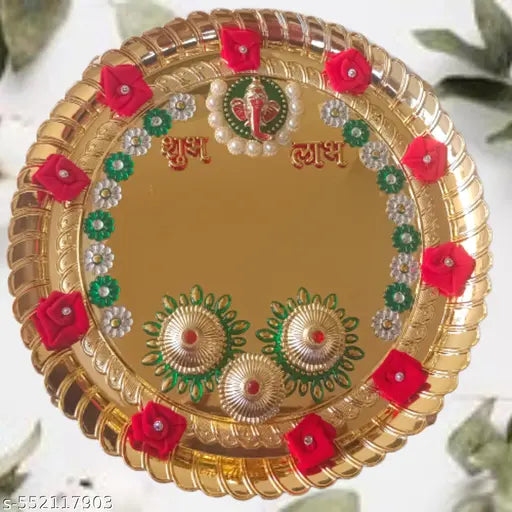 P.A. Decorative Golden Pooja Thali Set with Ganeshaji/Haldi kumkum Holder/Rolli chawal Plate for Rakhi,Wedding,Festival.[10 Inch]