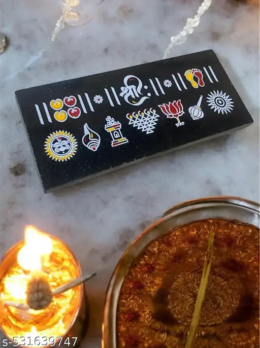 Shreekrushna Creations Art Handcrafted Granite Rangoli 9X4  featuring Shree ,  Gau Padama , Laxmi Charan , Sun ,Shankha , Tulasi , Kamal Chakra , Saraswati Yatra symbol Traditional & Vibrant used for Home Décor, Pooja Mandir, door entrance, Festive season