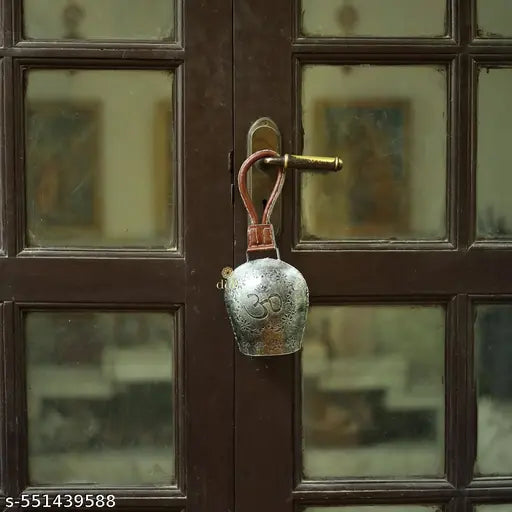 DULI Feng Shui Vastu  Metal Cowbell with Om Design for Wall Decoration| DDLJ Swiss Style CowBell with Leather Handle for Main Door & Wall Décor |  Decorative Bell 12x6 Inch for Home, Office, Balcony Spiritual Decor