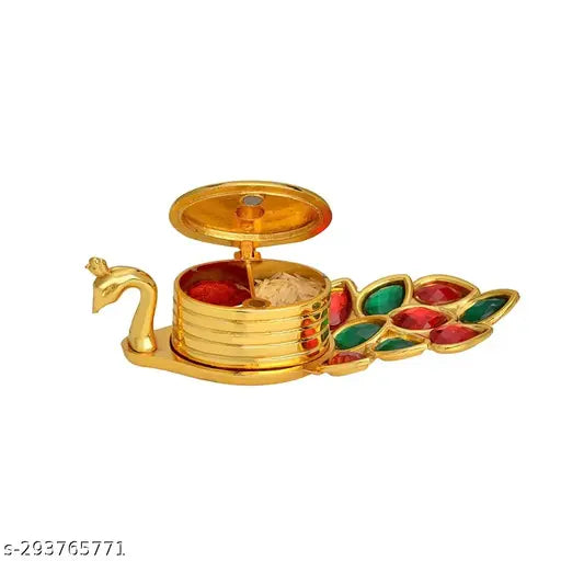 PAYSTORE Roli Chandan Peacock Kumkum Box, Pooja Haldi Kumkum Holder, Plate, Design Kumkum Box for Puja Ethnic Metal Holder,Engagement,Tilak Decorative Boxes