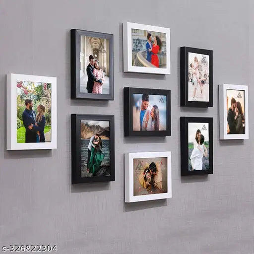 PHOTO FRAME GLASS WOOD PHOTO FRAME SET OF 9 ( BLACK 5X7-5 WHITE 5X7-4 )