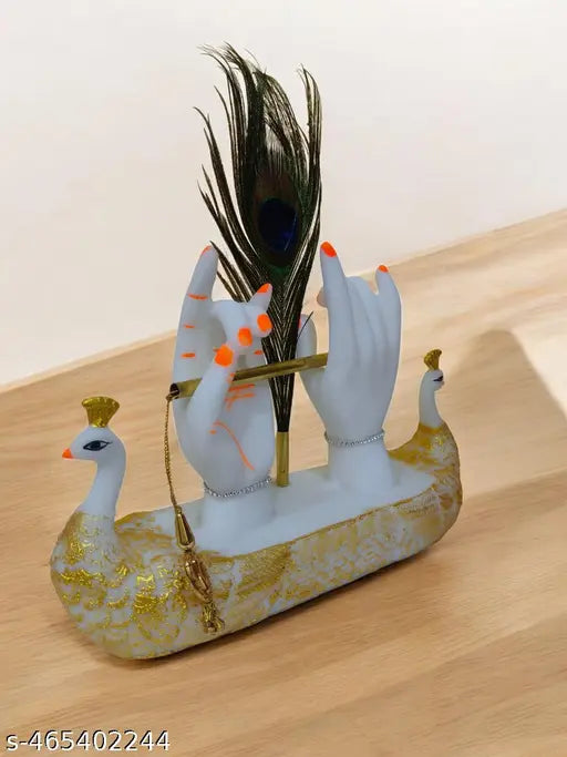 Krishna Hand with Flute & Peacock Feather Idol for Home Decor Gift Krishna Statue Made of Resin For Office and Home Showcase Home Living Room Diwali Decoration| Pankh Krishna Showpiece with Flute Standing Krishna Statue Lord Krishna Figurine, Murlidhar, K