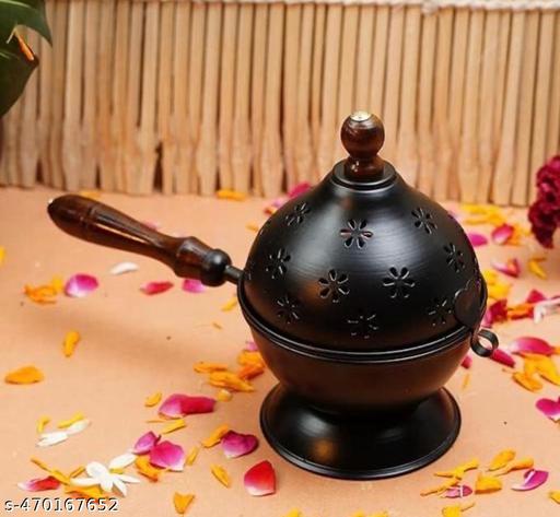 SM India Metal Dhoop Dani Loban Burner Holder Stand for Home | Dhup Kapoor Dani for Puja with Wooden Holder | Sambrani Holder | Dhuni Burner Samrani Batti Stand for Pooja | Dhup Stand Incense Oud Burner- Black