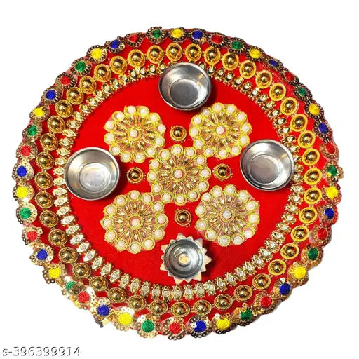 Handmade Decorative Pooja Thali, Puja Plate, Karwachauth Thali Set | Diwali Gift Items | Decorative Items for Pooja | Aarti Thali Decorative
