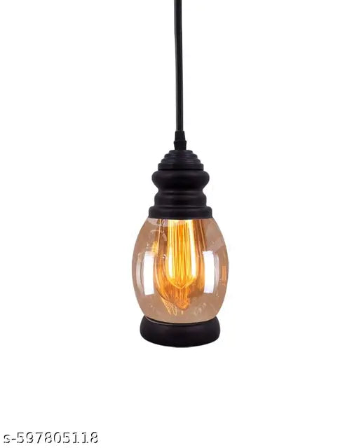 Kalawall Hanging Pendant Light, Black Metal and Glass Shade, Adjustable Cord, Decorative Ceiling Lamp for Living Room, Dining Room, Kitchen, Bedroom, Home Decor, Warm Glow (Amber)
