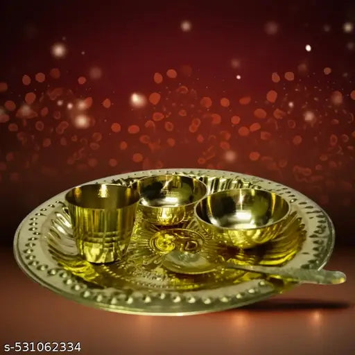EliteTouch  Kanha Ji Bhog Thali Laddu Gopal Bhog Plate Thali Set Pooja Plates Thali 5 Pcs Set (Size: 4.5 Inch) Bhog Thali Set with 2 Katori, 1 Glass, 1 Spoon