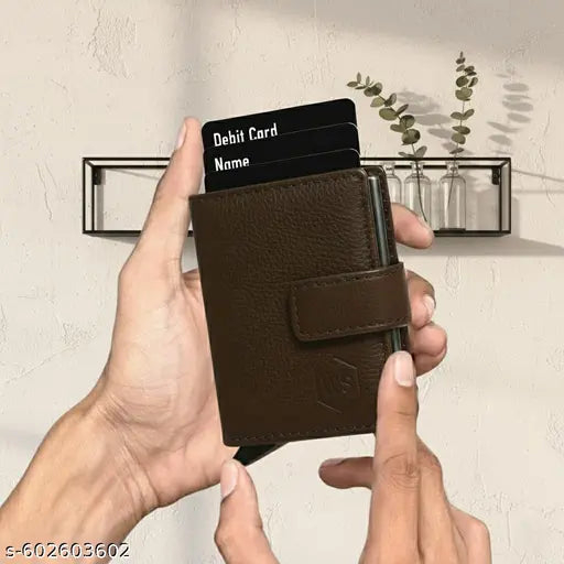 WALLET STREET 100% Genuine Leather RFID Protected Unisex POP UP Card Holder with Aluminium Case – Slim Wallet with 10 Card Slots for Men & Women