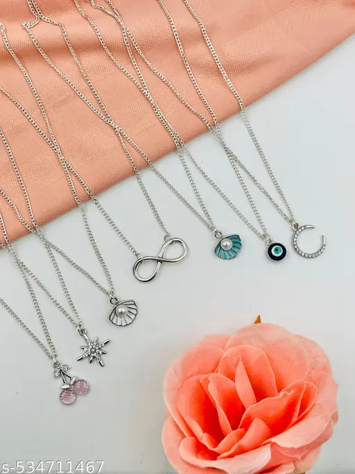 Trendy Silver-Plated 7 Pendant Necklace Combo | Stylish & Elegant Neck Jewelry for Women & Girls