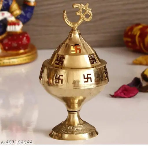 CLICKNECT INDIA Jyoti Diya in Brass with Om and Swastik Design Folding Stand Open Cap Cover Swastik Symbol Oil Lamp for Temple,Home,Office Pooja.