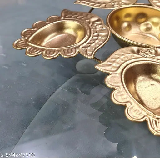 Traditional Brass Diya Set for Pooja | Decorative Golden Oil Lamp for Temple, Home Décor & Festivals (5 + 1 Holder)