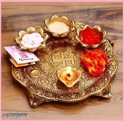 Puja thali big with 4 diya metal for puja and worship and Temple decoration Showpiece item, Home decoration, Room decoration, Temple decoration, Office decoration Gift item