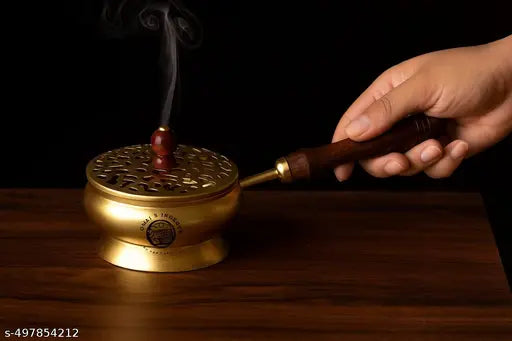 Home & Incense Metal Charcoal Incense Burner, Bakhoor Burner, Sambrani Dhoop, Loban Burner with Wooden Handle for Home Decor,Temples,Offices & Prayer Butler ( Gold )