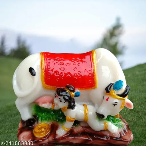 VIDHAYA ARTS  Lord Krishna Idol with Kamdhenu Cow Marble Look Statue Makhan chor Murti Statue Marble Look janmashtami Spiritual Diwali Puja Mandir /Temple/Home...