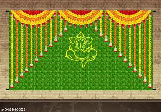 ganesh backdrop decoration cloth for home pooja background  decoration curtains for haldi function colorful traditional backdrrop festival background for vinayaka chavithi varalxmi pooja mandap decoration wedding taiwan fabric cloth (5 x 8 feet)