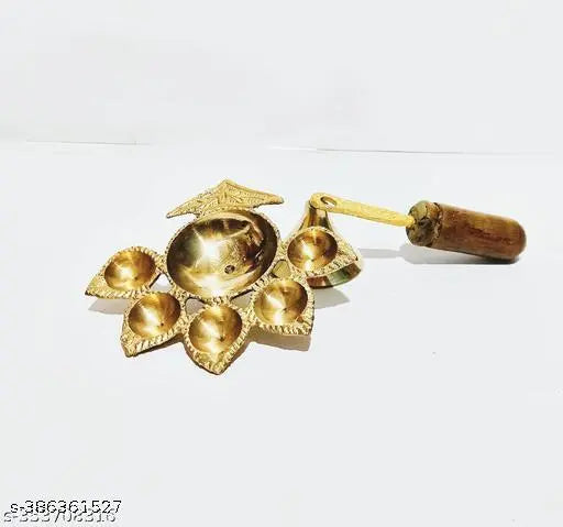 .ELITETOUCH  Pure Brass Engraved Pancharti Diya Oil Lamp  & Wooden Handle Pooja Dhoop|| Pancharti Akhand Diya Brass Puja Diya For Home Temple Puja.