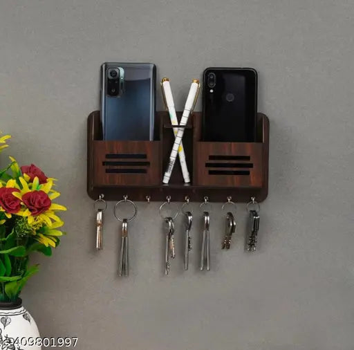 Wooden Key Holder with Storage  Mobile Holder and Pen Holder, Wooden Home décor Wall Mount Key Holder(Brown)