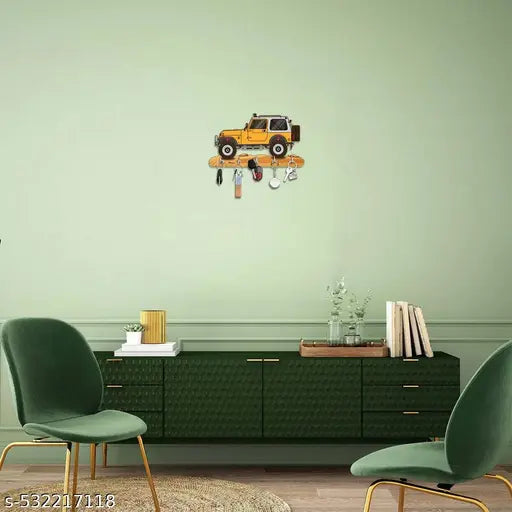 Yellow Thar Printed Key Holder For Home And Office Decor Wood Key Holder  (5 Hooks, Multicolor)  JD KH-CAR