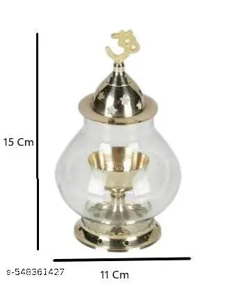 SriMaa Ventures Elegant Om Akhand Brass Diya with Transparent Glass Cover | Long-Burning Oil Lamp for Prayer Room, Festival Celebrations, Devotional Use, Navratri Festivals