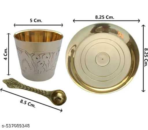 Brass Antique Panchpatra Set with Achamani & Thali | Indian Traditional Handcraft Panchpatra with Spoon & Plate for Pooja, Temple, Diwali (4cm)